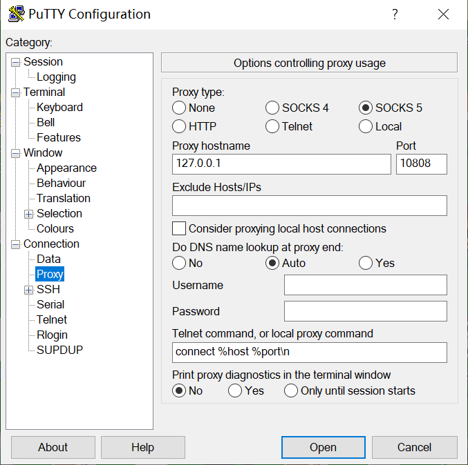 PuTTY SOCKS Configuration Example